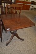 19TH CENTURY MAHOGANY PEDESTAL TABLE, RECTANGULAR TOP OVER A TURNED COLUMN AND TRIPOD BASE WITH