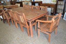 LARGE SHEESHAM HARDWOOD RECTANGULAR DINING TABLE AND TEN ACCOMPANYING CHAIRS, TABLE APPROX 220CM