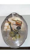 LARGE OVAL SILVER PLATED GALLERIED SERVING TRAY AND A SMALL MINIATURE BRASS CANNON, HORSE BRASSES,