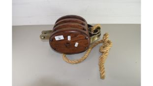 LARGE HARDWOOD AND METAL THREE ROPE BOAT PULLEY