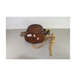 LARGE HARDWOOD AND METAL THREE ROPE BOAT PULLEY