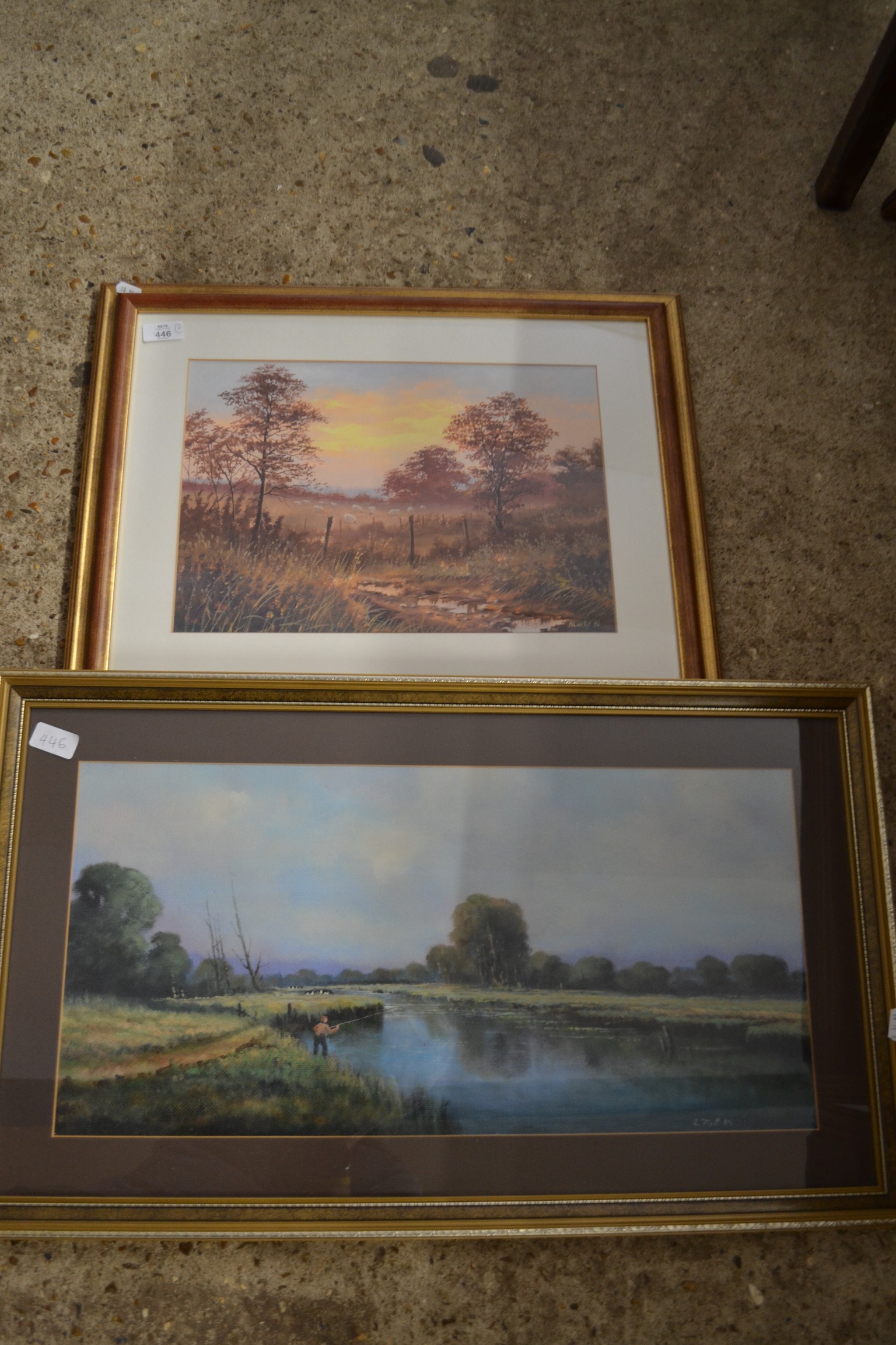 KEVIN CURTIS - SHEEP GRAZING, OIL, TOGETHER WITH GEOFFREY FLATT, FISHING NEAR OAKLEY, FRAMED AND