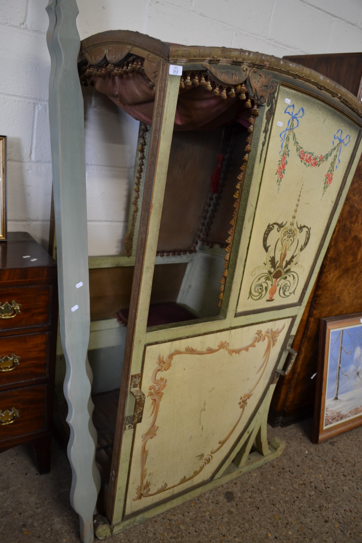 INTERESTING REPRODUCTION SEDAN CHAIR DECORATED WITH PAINTED FLORAL SWAGS AND STYLISED DETAIL