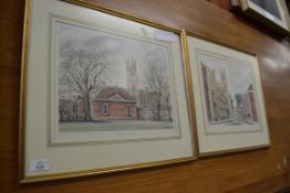 AFTER DAVID GENTLEMAN, TWO COLOURED PRINTS - WINCHESTER COLLEGE FROM MEADS AND WINCHESTER COLLEGE