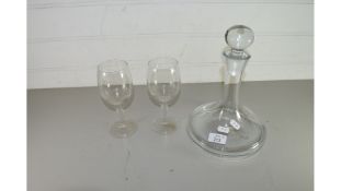 MIXED LOT OF CLEAR DRINKING GLASSES AND A FLAT BOTTOMED SHIPS DECANTER AND A FURTHER DECANTER WITH