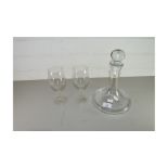 MIXED LOT OF CLEAR DRINKING GLASSES AND A FLAT BOTTOMED SHIPS DECANTER AND A FURTHER DECANTER WITH
