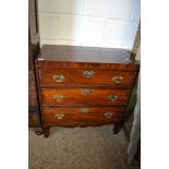 GEORGIAN MAHOGANY THREE DRAWER CHEST OF SMALL PROPORTION FITTED WITH BRASS HANDLES, 83CM WIDE