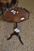 SMALL REPRODUCTION MAHOGANY WINE TABLE WITH PIE CRUST EDGE TOP AND TRIPOD BASE, 52CM HIGH