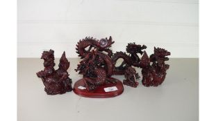 FIVE MODERN CHINESE RESIN MODELS OF DRAGONS