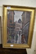 20TH CENTURY BRITISH SCHOOL, CROMER, OIL ON BOARD, UNSIGNED, GILT FRAMED WITH LABEL VERSO, 49CM