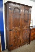 OAK TWO DOOR WARDROBE WITH GOTHIC ARCHED AND MITRED DETAIL, 188CM HIGH