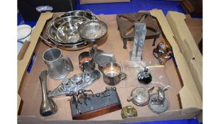 BOX OF SILVER PLATED WARES, AND CHROME CRUET MODELLED AS A BOAT, COPPER KETTLE STAND, STEEL