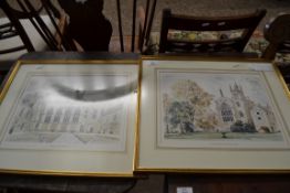 AFTER DAVID GENTLEMAN, TWO COLOURED PRINTS - WINCHESTER COLLEGE FROM WARDENS GARDEN AND WINCHESTER