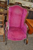 19TH CENTURY CONTINENTAL WING BACK ARMCHAIR WITH SHOWOOD FRAME AND LOOSE SEAT CUSHION, (SOLD FOR
