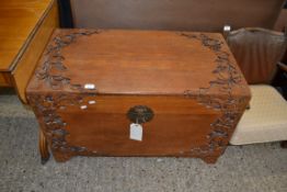 20TH CENTURY CHINESE CAMPHOR WOOD CHEST DECORATED WITH CARVED FLORAL DETAIL, 97CM WIDE