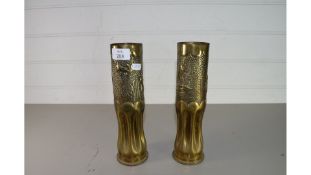 PAIR OF TRENCH ART BRASS SHELL CASES DECORATED WITH FLOWERS