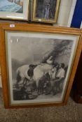 AFTER ANSDELL AND FRITH, MONOCHROME ENGRAVING "THE HALT", IN MAPLE VENEERED FRAME AND GLAZED,