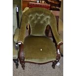 VICTORIAN MAHOGANY FRAMED AND GREEN VELOUR UPHOLSTERED ARMCHAIR, 70CM WIDE
