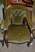 VICTORIAN MAHOGANY FRAMED AND GREEN VELOUR UPHOLSTERED ARMCHAIR, 70CM WIDE