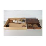 BOX OF MIXED ITEMS TO INCLUDE BRASS BELL WEIGHTS, VINTAGE SCALES IN MAHOGANY CASE, BAKELITE LIGHT