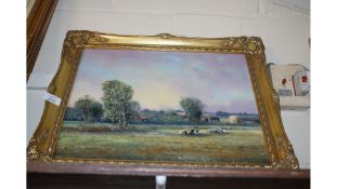 PICTURE - OIL ON BOARD, RURAL SCENE WITH CATTLE IN GILT MOULDED FRAME