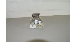CLEAR GLASS INKWELL AND PEN STAND WITH SILVER PLATED MOUNTS