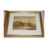 19TH CENTURY BRITISH SCHOOL, STUDY OF CATTLE AT RIVERSIDE WITH DISTANT BUILDINGS, WATERCOLOUR,