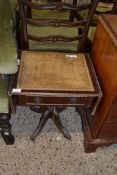 REPRODUCTION LEATHER TOPPED DROP LEAF TABLE ON TURNED COLUMN AND QUATRE BASE, 46CM WIDE