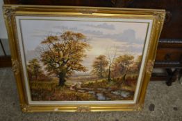 KEVIN CURTIS - AUTUMN EVENING, OIL ON BOARD SET INTO A FOLIATE MOULDED GILT FRAME, 92CM WIDE