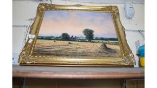 PICTURE - OIL ON BOARD, RURAL SCENE WITH CATTLE IN GILT MOULDED FRAME