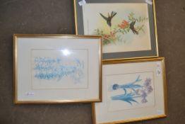 TWO FRAMED FLORAL PRINTS AND A PRINT OF HUMMING BIRD, FRAMED GLAZED