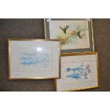 TWO FRAMED FLORAL PRINTS AND A PRINT OF HUMMING BIRD, FRAMED GLAZED