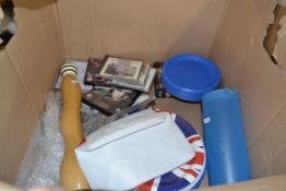 BOX OF MIXED KITCHEN WARES, OVERSIZED PEPPER GRINDER ETC