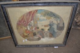 19TH CENTURY OVAL RELIGIOUS SILK WORK PICTURE DEPICTING TWO FIGURES SET IN AN EBONISED FRAME AND