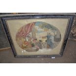 19TH CENTURY OVAL RELIGIOUS SILK WORK PICTURE DEPICTING TWO FIGURES SET IN AN EBONISED FRAME AND