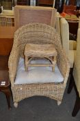 WICKER CHAIR AND ACCOMPANYING FOOTSTOOL