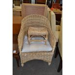 WICKER CHAIR AND ACCOMPANYING FOOTSTOOL