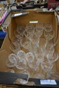 BOX OF CLEAR DRINKING GLASSES, SOME WITH ETCHED FLORAL DETAIL