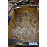 BOX OF CLEAR DRINKING GLASSES, SOME WITH ETCHED FLORAL DETAIL