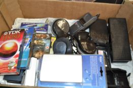 BOX OF VIDEOS, VINTAGE MOTOROLA PHONE ETC