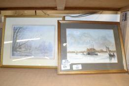 J ELLIOTT, SMALL WATERCOLOUR STUDY OF BOATS TOGETHER WITH A COLOURED PRINT, BOTH FRAMED AND