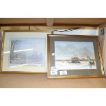 J ELLIOTT, SMALL WATERCOLOUR STUDY OF BOATS TOGETHER WITH A COLOURED PRINT, BOTH FRAMED AND