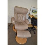 PALE LEATHER REVOLVING RECLINER CHAIR AND FOOTSTOOL