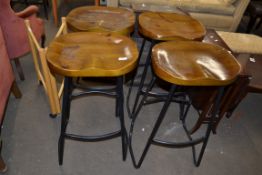 SET OF FOUR PINE AND METAL FRAMED BAR STOOLS