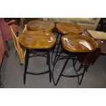 SET OF FOUR PINE AND METAL FRAMED BAR STOOLS