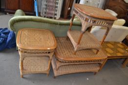 PAIR OF WICKER LAMP TABLES AND A SIMILAR COFFEE TABLE (3)