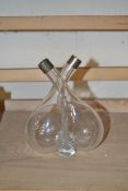 CLEAR GLASS DOUBLE SIDED OIL BOTTLE WITH SILVER COLLAR (A/F)