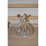 CLEAR GLASS DOUBLE SIDED OIL BOTTLE WITH SILVER COLLAR (A/F)