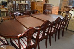 REPRODUCTION TRIPLE PEDESTAL MAHOGANY VENEERED DINING TABLE AND TEN ACCOMPANYING WHEATSHEAF BACK