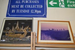 SOUTH EAST ASIAN PICTURE OF A DRAGON BOAT, FRAMED AND GLAZED, TOGETHER WITH A PHOTO OF FIGURES IN